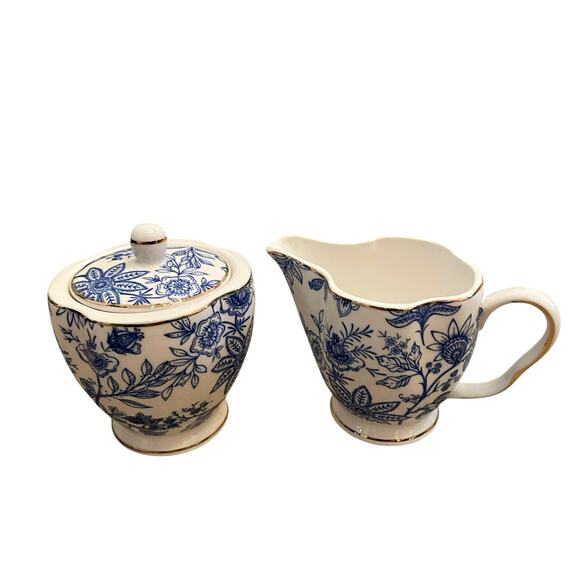 Grace Teaware Fine Porcelain Creamer & Sugar Blue & White Floral Gift Set New - Picture 6 of 16